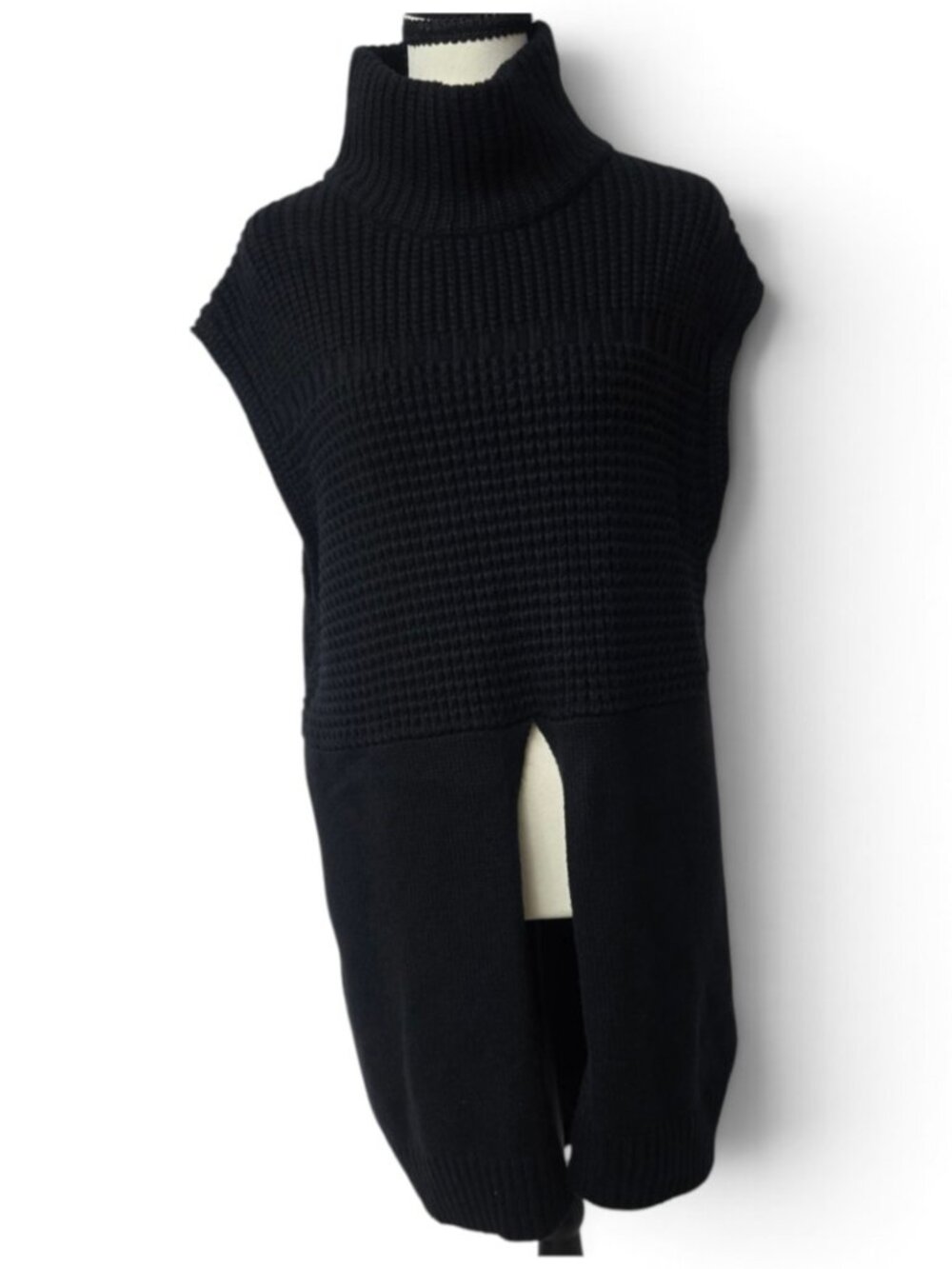 Line The Label Tunic Sweater Vest Medium Black Ribbed Knit Turtleneck Front Slit